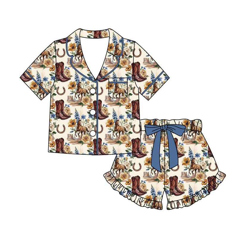 Preorder moq 5 Adult Women Flower Boot Horses Button Pocket Top Ruffle Short Western Pajamas Sets