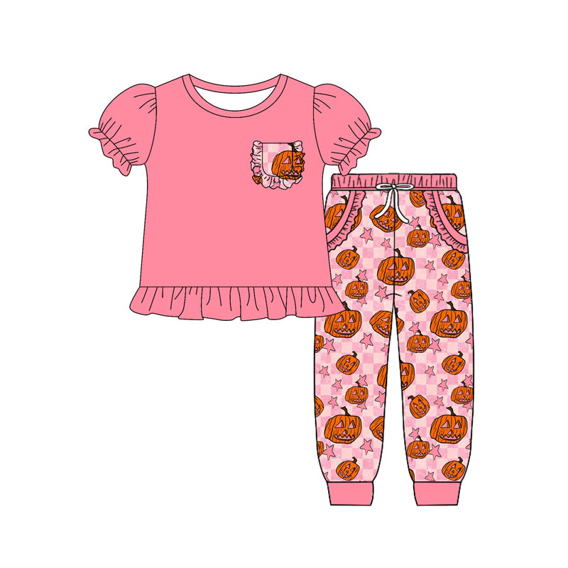 Preorder (moq 5)Baby Girls Short Ruffle Sleeves Pocket Top Pumpkins Plaid Legging Pants Set