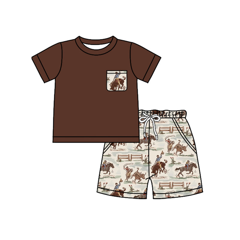 Preorder moq 5 Baby Boys Dark Brown Sleeves Pocket Top Horse Rodeos Short Set