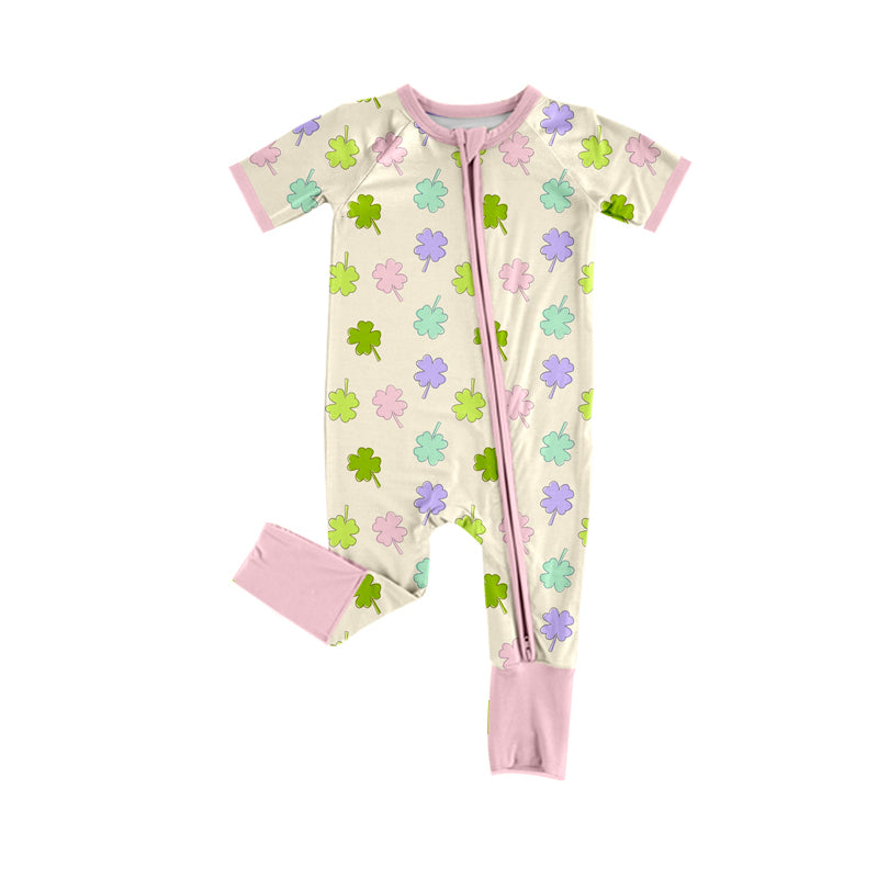 Preorder (moq 5)Baby Girls Colorful Clovers St Patrick Two Way Zip Convertible Rompers