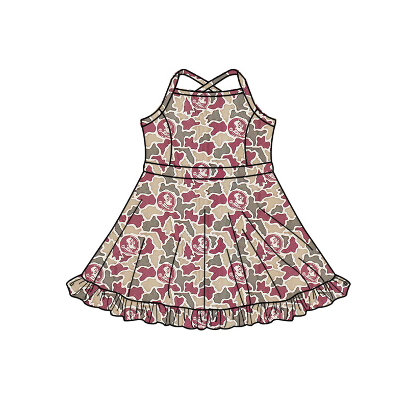 Preorder (moq 5)Baby Girls Strap Southern Red Camo Team Ruffle Knee Length Dresses