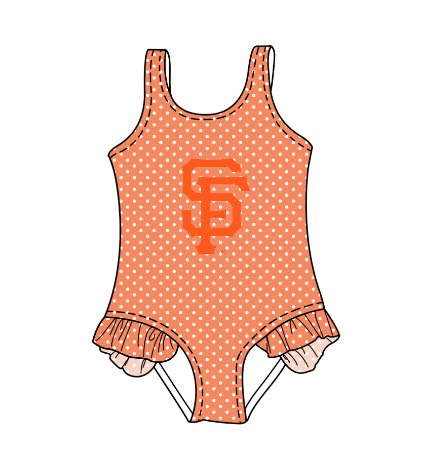 Preorder moq 5 Baby Girls Sleeveless Orange Polka Dots SF Team Swimsuits