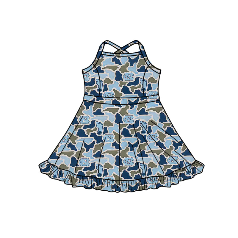 Preorder (moq 5)Baby Girls Strap Southern Blue Camo CN Team Ruffle Knee Length Dresses