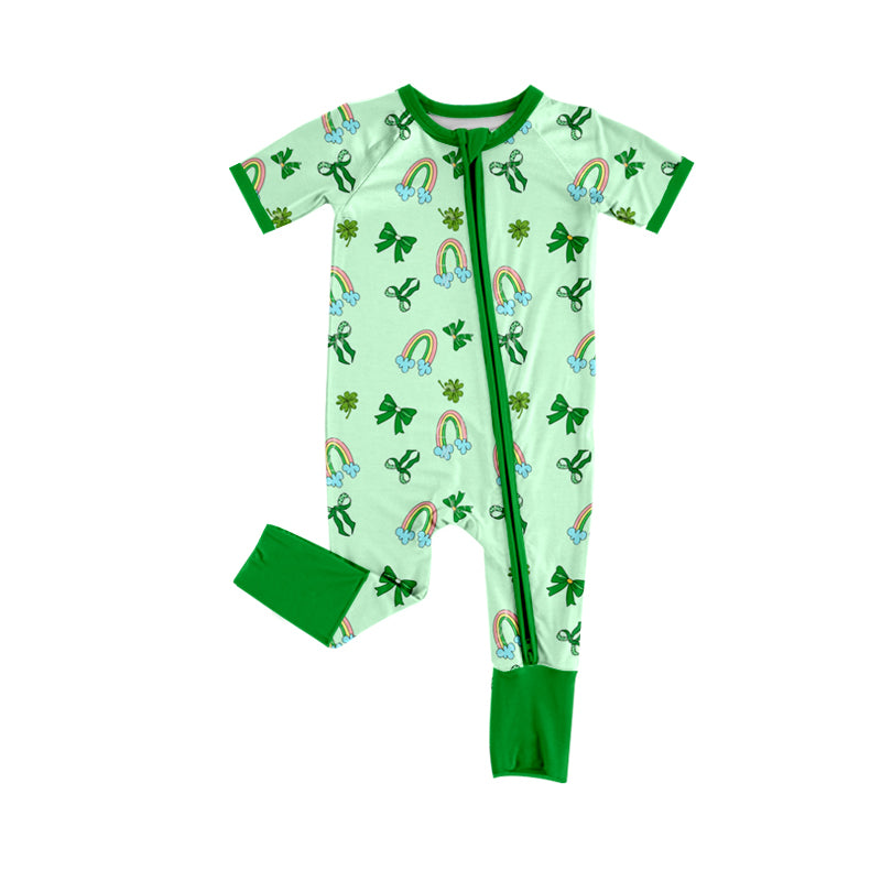 Preorder (moq 5)Baby Girls Rainbows Clovers St Patrick Two Way Zip Convertible Rompers