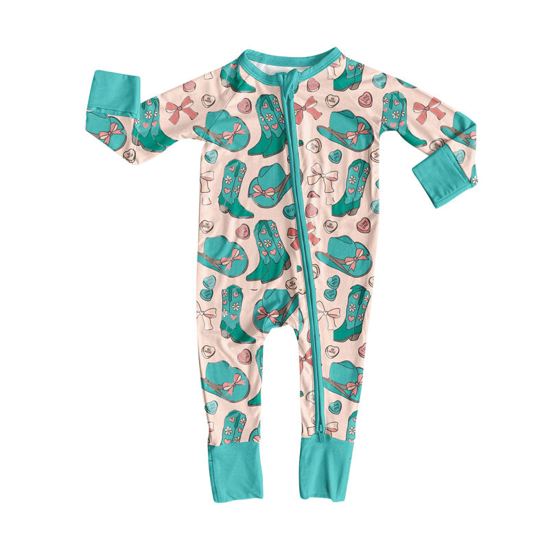 Preorder (moq 8)Baby Girls Hats Boots Hearts Western Zipper Footie Rompers