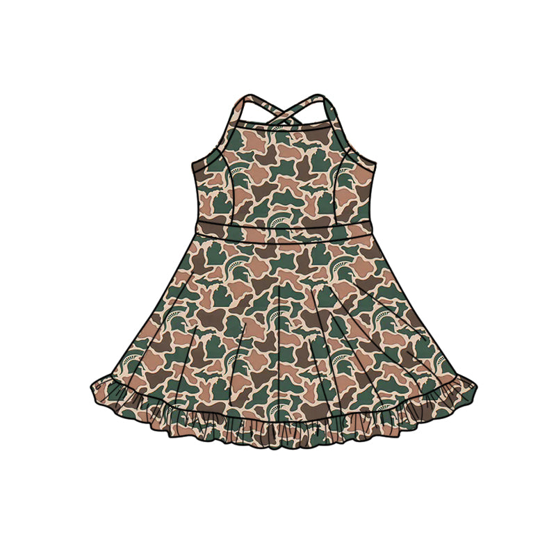 Preorder (moq 5)Baby Girls Strap Southern Green Camo Team Ruffle Knee Length Dresses
