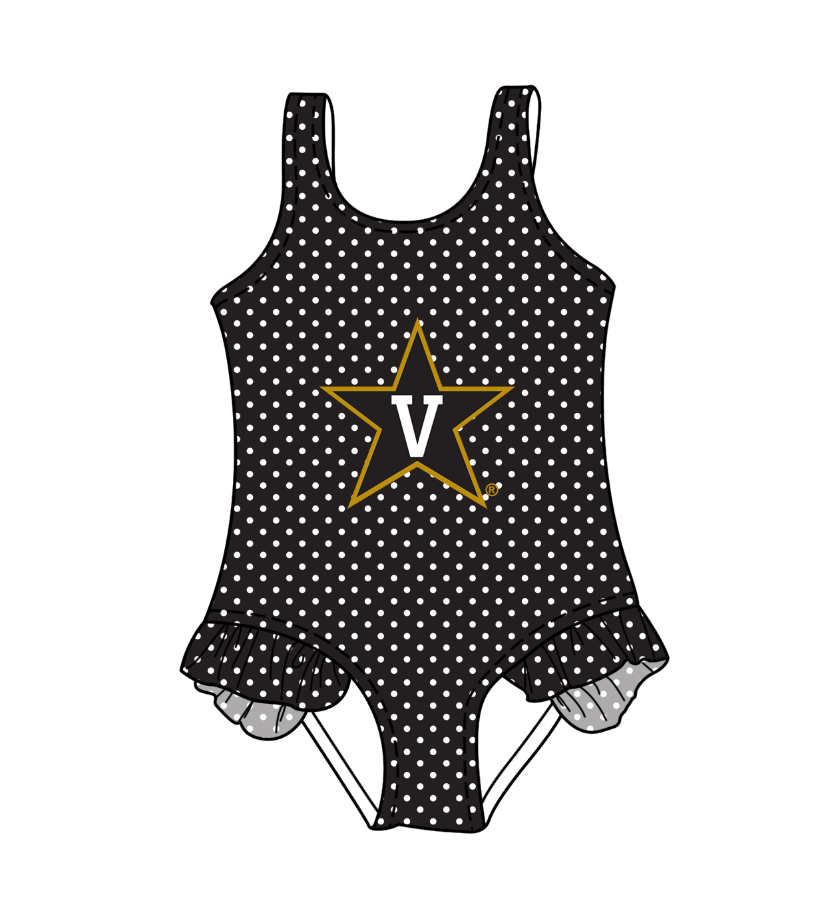 Preorder moq 5 Baby Girls Sleeveless Black Polka Dots Stars V Team Swimsuits