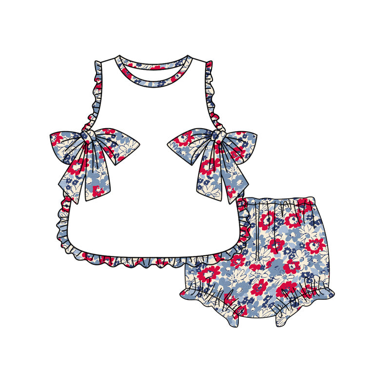 Preorder moq 5 Baby Girls Red Blue Flowers Tunic Bummies Short 4th of July Clothes Set