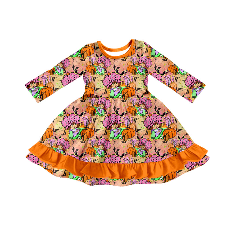 Preorder (moq 5)Baby Girls Strawberry Girl Pumpkins Orange Ruffle Halloween Knee Length Dress
