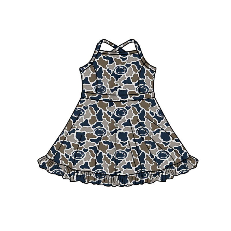 Preorder (moq 5)Baby Girls Strap Southern Navy Camo Leopard Team Ruffle Knee Length Dresses