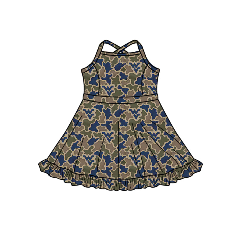 Preorder (moq 5)Baby Girls Strap Southern Navy Camo WV Team Ruffle Knee Length Dress
