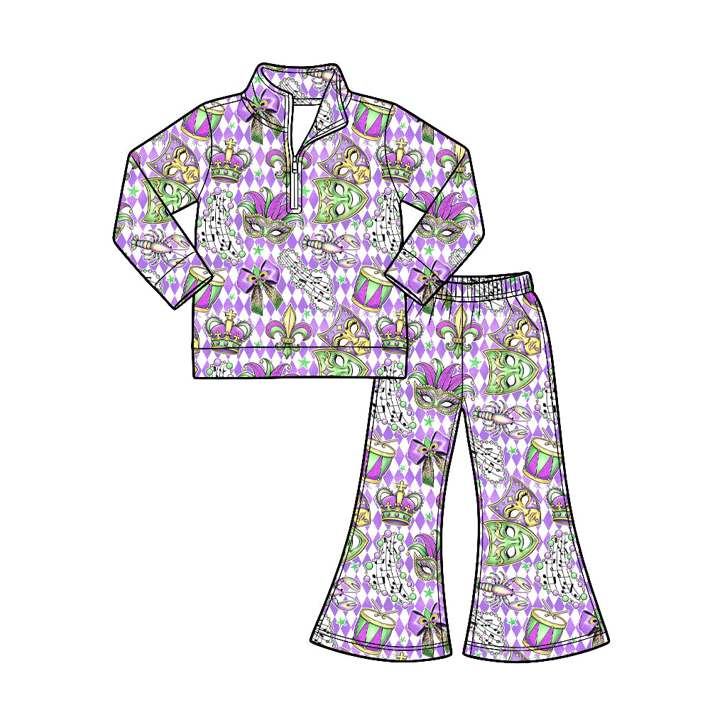 Preorder (moq 5) Baby Girl Clothes Mardi Gras Mardi Gras Icon Argyle Print Long‑sleeve Quarter Zip Top Flare Pants Set