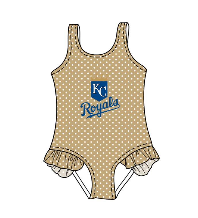 Preorder moq 5 Baby Girls Sleeveless Golden Polka Dots KC Royals Team Swimsuits