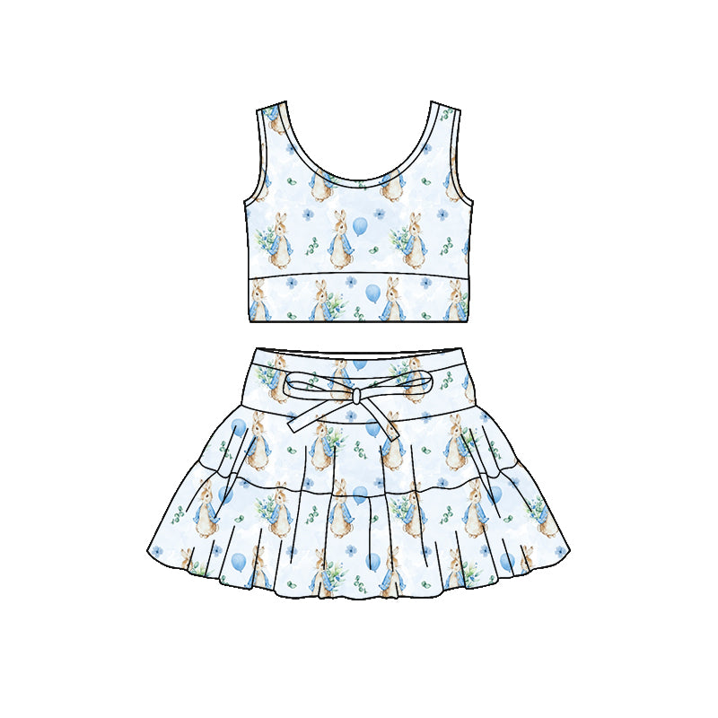 Preorder (moq 5)Baby Girls Sleeveless Blue Rabbits Flowers Vest Skirt Shorts Easter Clothes Set