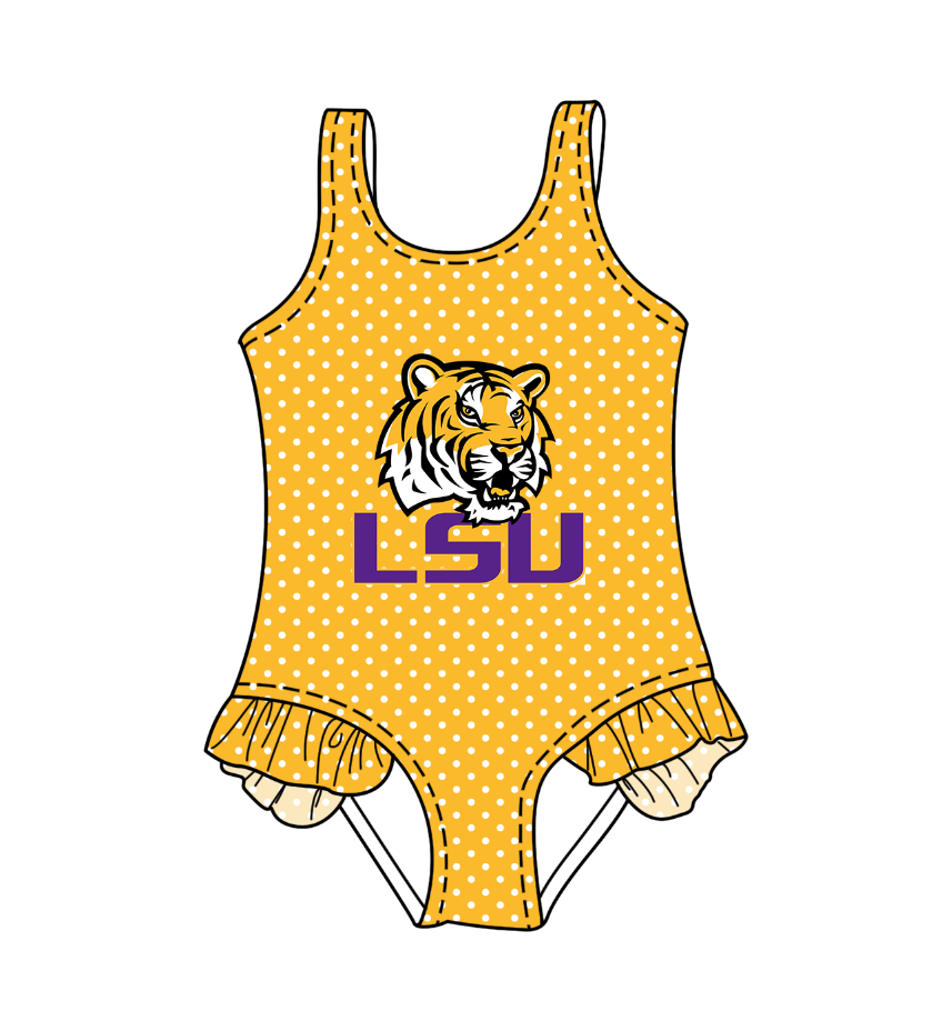 Preorder moq 5 Baby Girls Sleeveless Yellow Polka Dots LSU Tigers Team Swimsuits