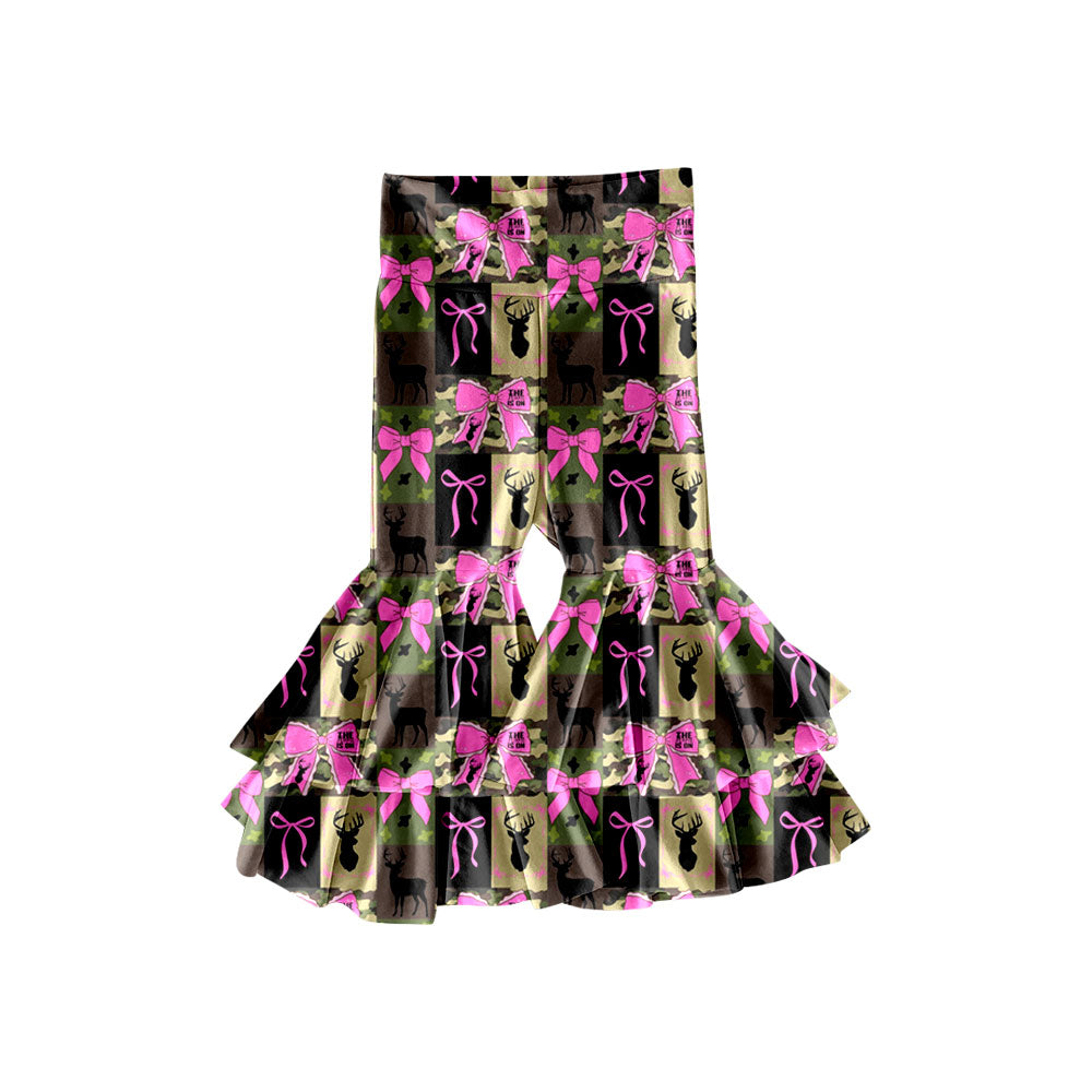 Preorder (moq 5)Baby Girls Camo Deer Checked Bows Hunting Ruffle Bell Bottom Pants Bottom