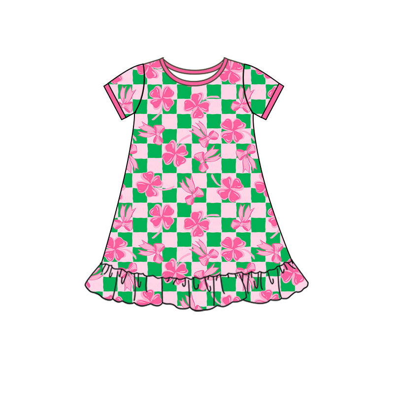Preorder(moq 5) Baby Girls Bows Clovers Checked St Patrick Ruffle Knee Length Dresses