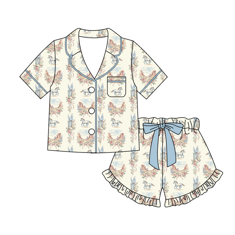 Preorder moq 5 Adult Women Flower Boot Horses Button Pocket Top Ruffle Short Western Pajamas Sets