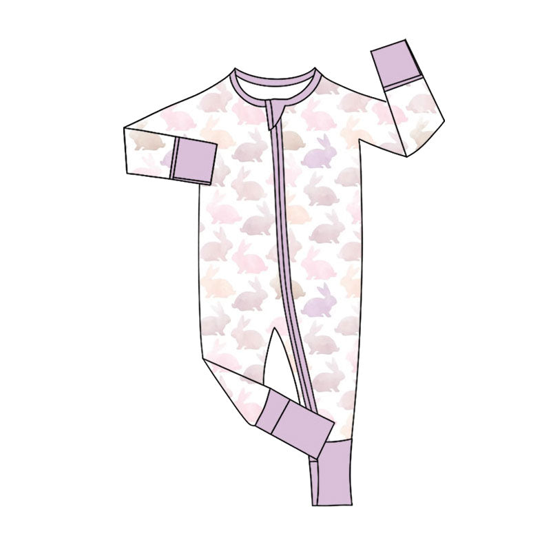 Preorder (moq 20)Baby Girls Bamboo Pink Rabbits Easter Two Way Zip Convertible Rompers