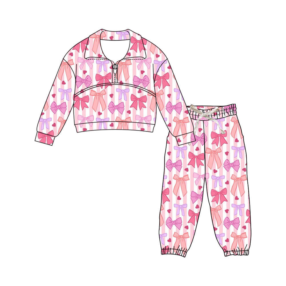 Preorder (moq 5)Baby Girls Pink Stripe Hearts Bows Zipper Top Jogger Valentines Clothes Sets