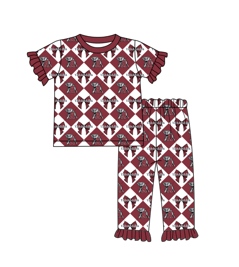 Preorder moq 5 Baby Girls Short Sleeve Elephants A Bows Top Ruffle Pants Team Clothes Set