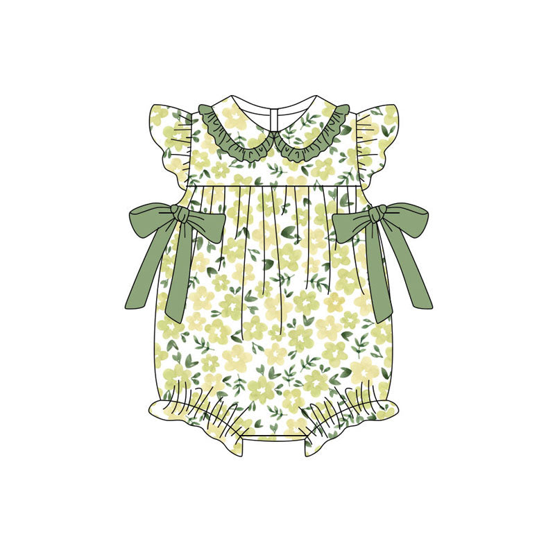 Preorder (moq 5)Baby Girls Flutter Sleeve Green Flowers Bows Ruffle Rompers
