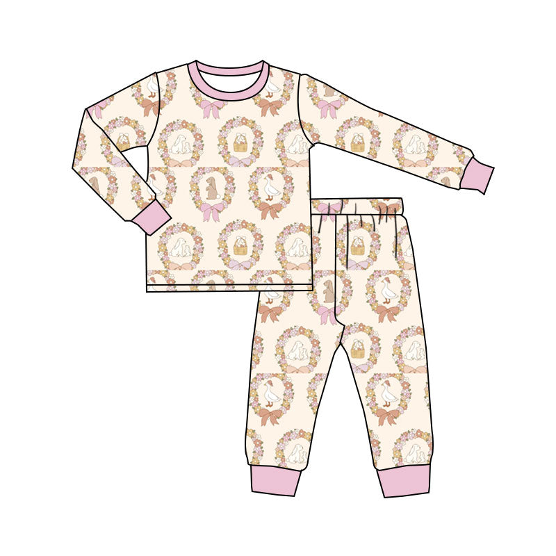 Preorder (moq 20)Baby Girls Bamboo Rabbits Dogs Eggs Easter Pants Pajamas Sets