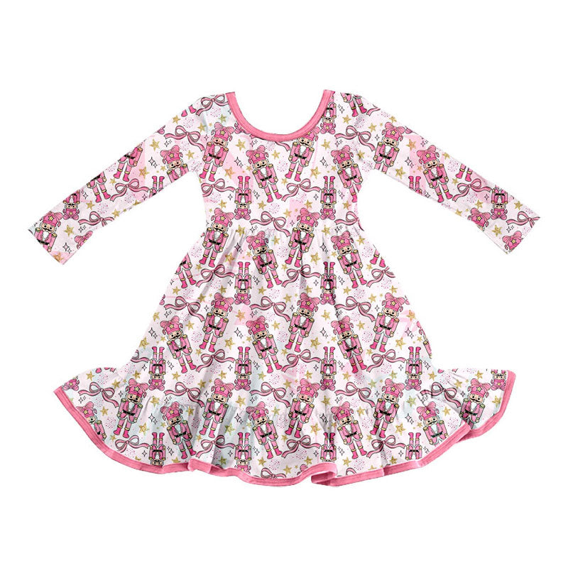 Preorder (moq 5)Baby Girls Pink Bows Soldiers Stars Ruffle Knee Length Dress