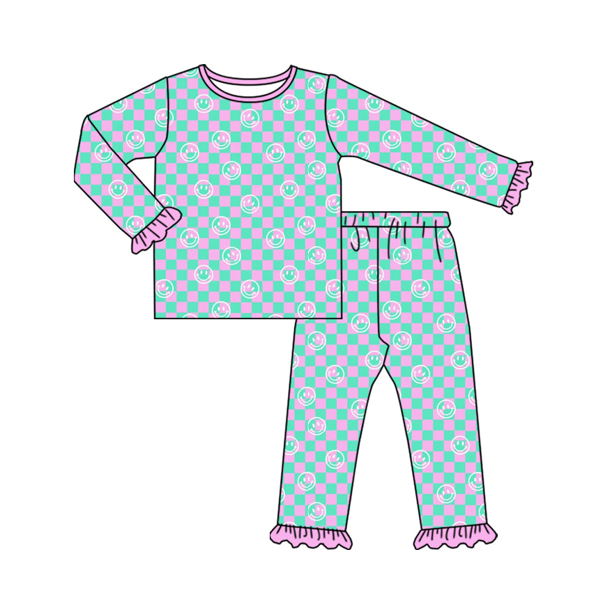 Preorder (moq 20)Baby Girls Bamboo Green Pink Checked Smiles Ruffle Pants Pajamas Sets