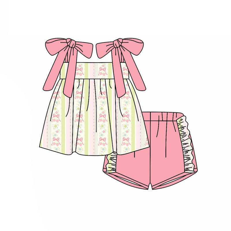 Preorder(moq 5) Baby Girls Peach Strap Bows Flowers Stripe Tunic Ruffle Shorts Clothes Sets