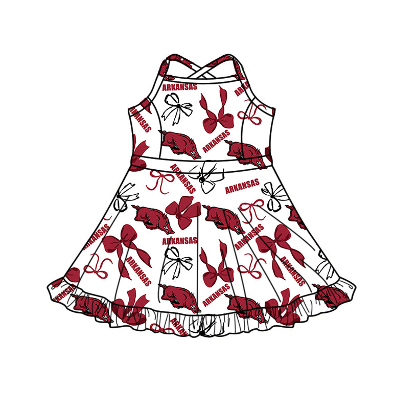 Preorder (moq 5)Baby Girls Strap Arkansas Bows Team Shorts Ruffle Knee Length Dress