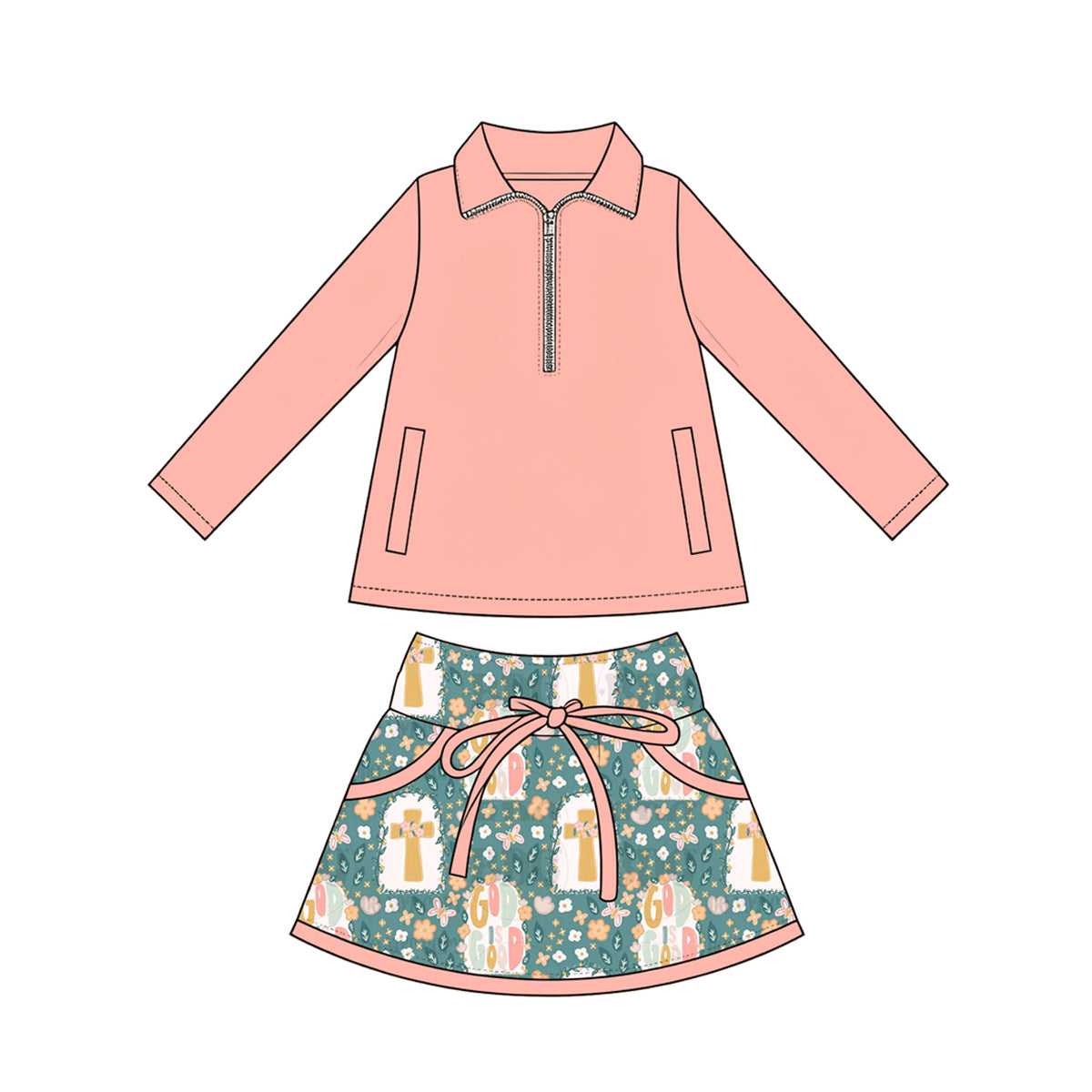 Preorder (moq 5) Baby Girl Clothes Easter Cross Floral Print Peach Long Sleeve Half Zip Top Bow Skirt Set
