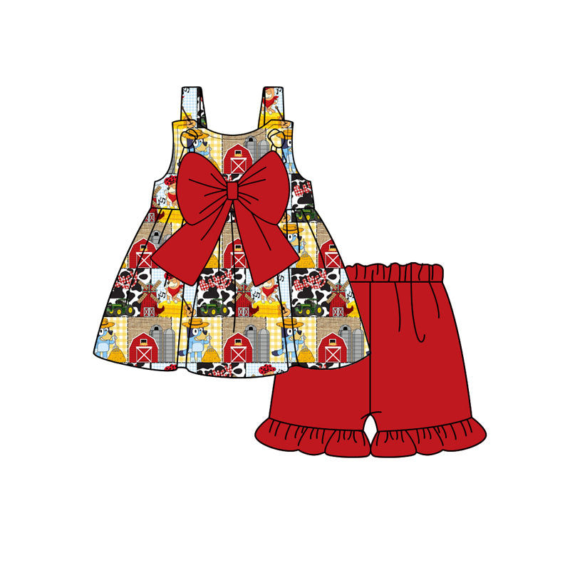 Preorder moq 5 Baby Girls Strap Cartoon Dogs House Cows Tunic Red Ruffle Short Farm Set