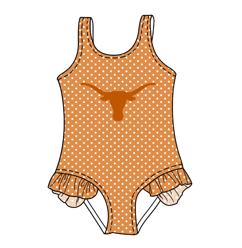 Preorder moq 5 Baby Girls Sleeveless Orange Polka Dots Bulls Team Swimsuits
