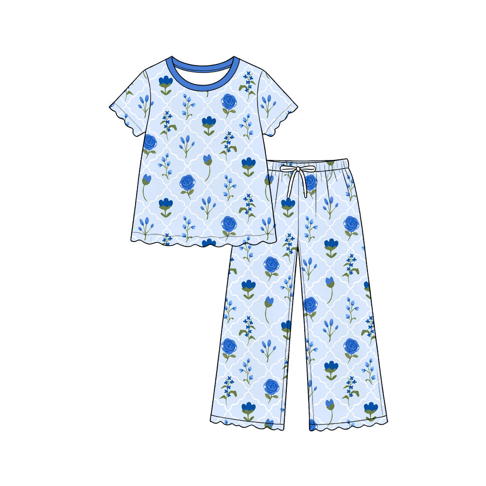 Preorder (moq 5) Baby Girl Clothes Blue Floral Geometric Mixed Print Short Sleeve Scallop Pajama Pant Set