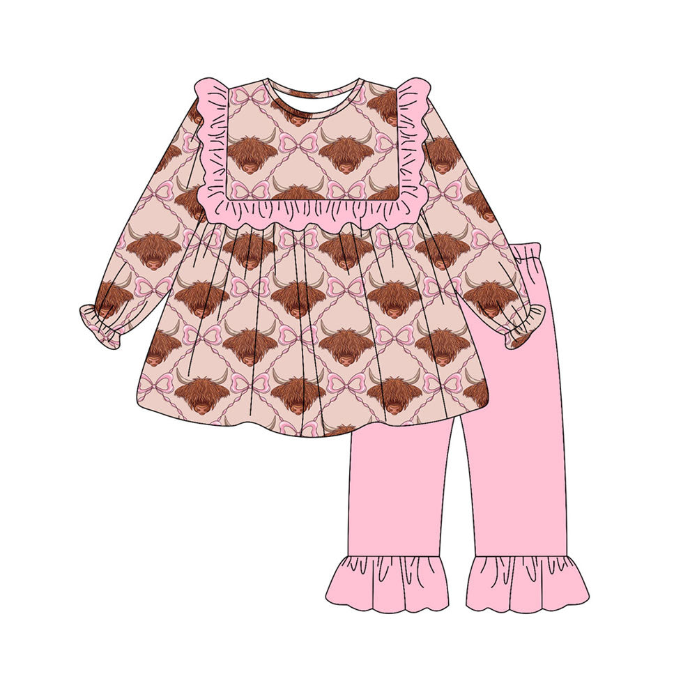 Preorder (moq 5)Baby Girls Bows Highland Cows Tunic Ruffle Pant Western Clothes Sets