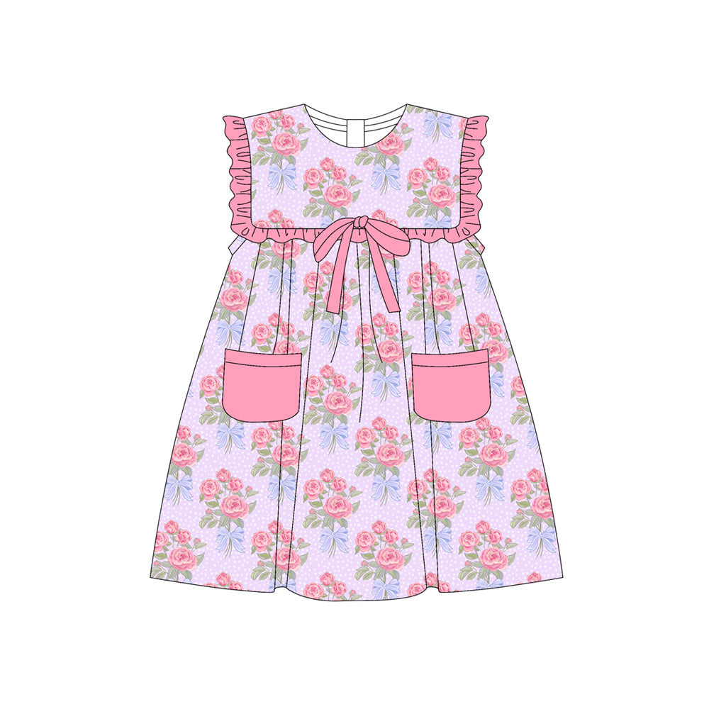 Preorder (moq 5)Baby Girls Sleeveless Pink Flowers Pockets Knee Length Dresses