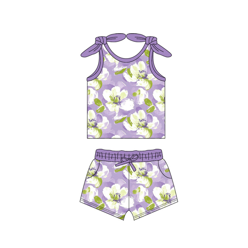 Preorder (moq 5)Baby Girls Lavender Bows Sleeveless Flowers Top Pockets Shorts Set