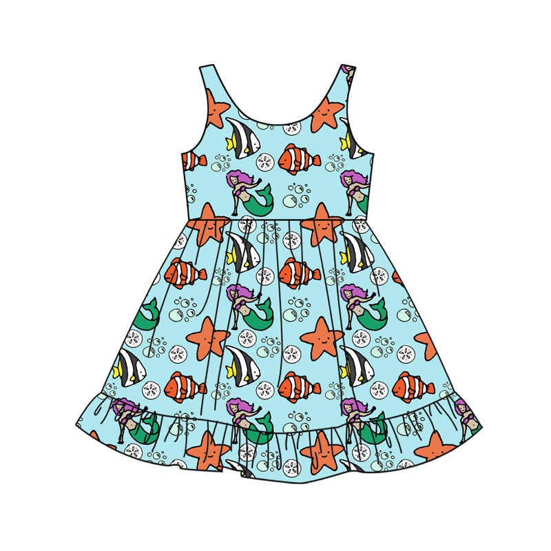Preorder (moq 5)Baby Girls Cartoon Mermaid Fishes Ruffle Knee Length Dresses