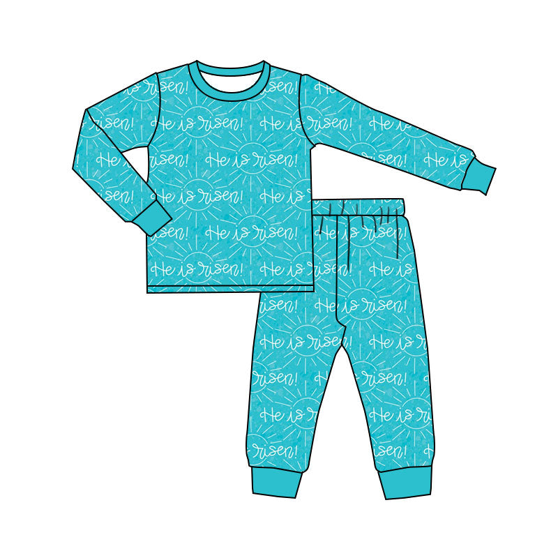 Preorder (moq 20)Baby Boys Bamboo Aqua He is Risen Easter Pants Pajamas Sets