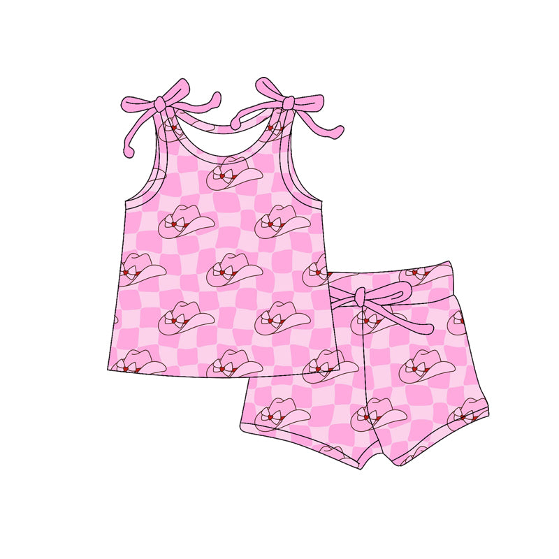 Preorder (moq 5)Baby Girls Pink Checked Bow Hats Top Shorts Western Clothes Set