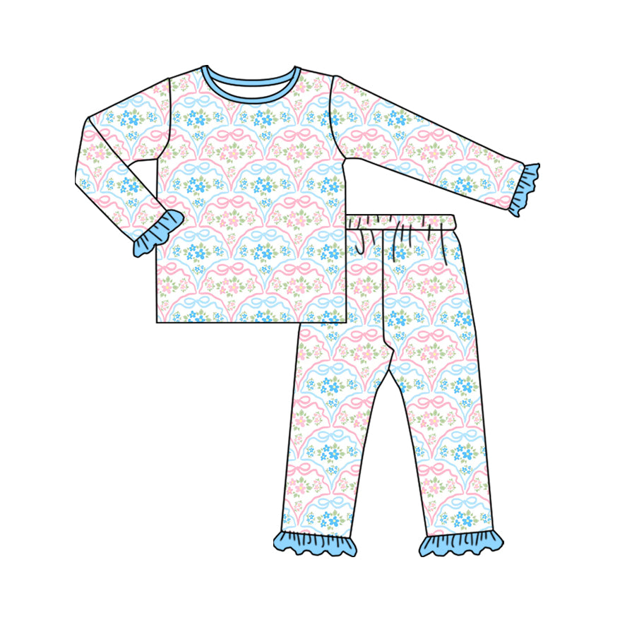 Preorder (moq 20)Baby Girls Bamboo Pink Blue Bows Flowers Checked Ruffle Pants Pajamas Sets