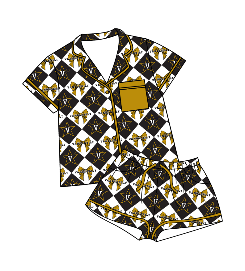Preorder (moq 5)Baby Girls Team Bows Checked Button Pocket Top Shorts Pajamas Sets