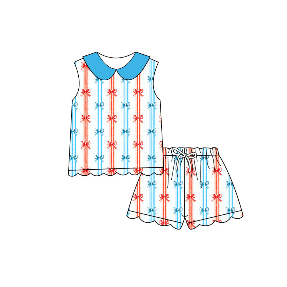 Preorder (moq 5)Baby Girls Bows Stripe Collar Top Scallop Shorts 4th of July Clothes Sets