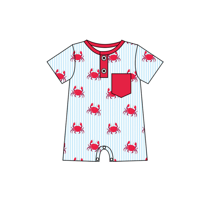 Preorder (moq 5)Baby Boys Red Crabs Stripe Pockets Button Shorts Rompers