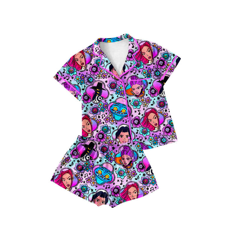 Preorder(moq 5) Baby Girls Cartoon Girls Floral Button Pockets Top Shorts Pajamas Sets