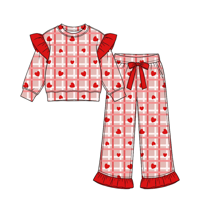 Preorder (moq 5)Baby Girls Red Hearts Checked Top Pockets Ruffle Pant Valentines Clothes Set