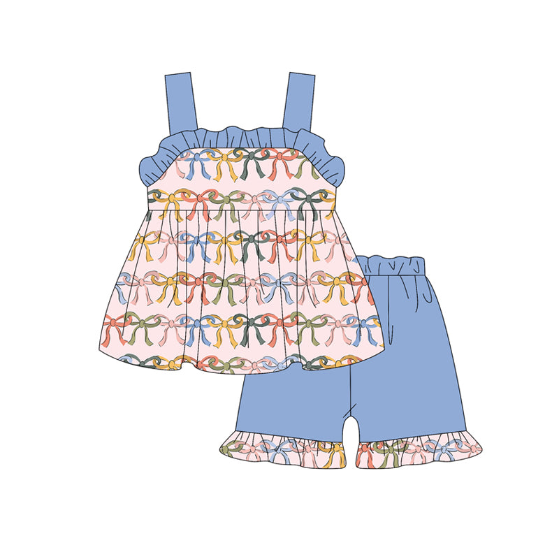 Preorder moq 5 Baby Girls Blue Strap Colorful Bows Tunic Ruffle Short Set