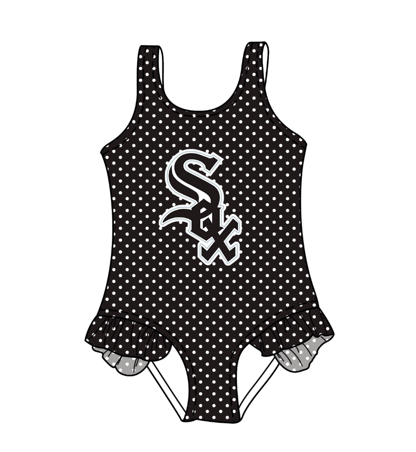 Preorder moq 5 Baby Girls Sleeveless Black Polka Dots SOX Team Swimsuits