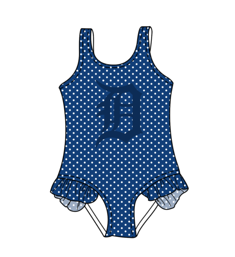 Preorder moq 5 Baby Girls Sleeveless Blue Polka Dots Team Swimsuits